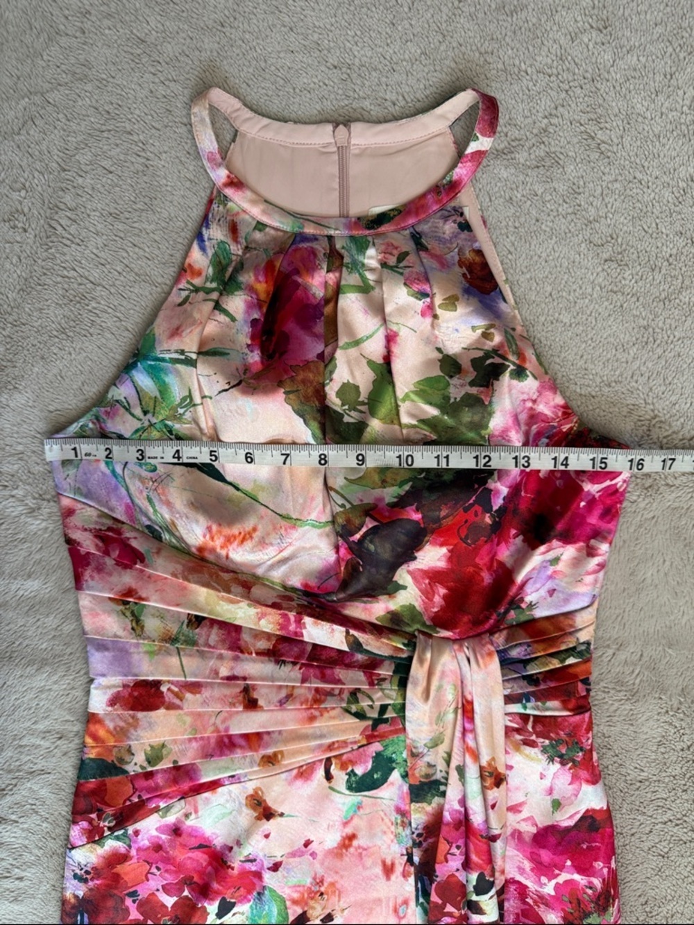 Eliza J Floral Halter Satin-feel Dress in Pink, Green and Red Sz 6 Ruched Sash - Picture 7 of 11